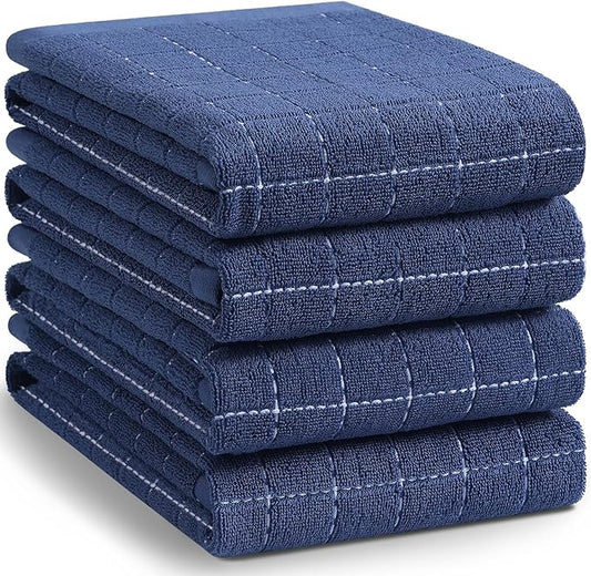 Homaxy 100% Cotton Terry Kitchen Towels(Navy Blue, 20 x 28 inches), Checkered Designed, Soft and Super Absorbent Dish Towels, Large 4 Pack