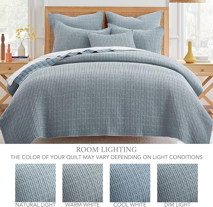 Levtex Home Mills Waffle Twin Bedspread Set (84x104in) with 1 Pillow Sham (26x20in) - Chambray - Cotton Waffle Twin Size Bedspread Set - Lightweight, Soft, Pre-Washed
