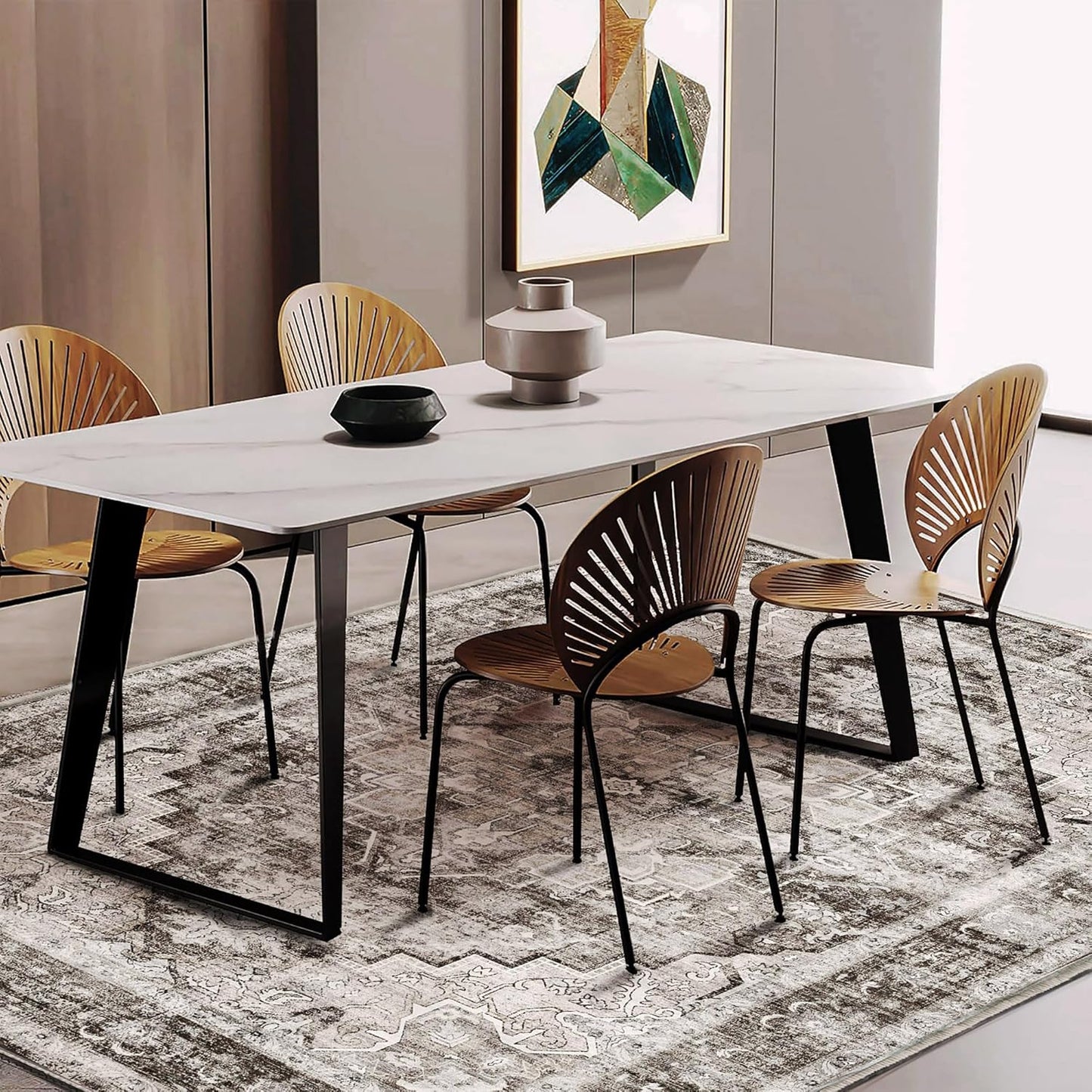 Area Rug 5'x7' Deep Khaki Washable Vintage Traditional Floor Cover Thin Retro Kitchen Indoor Distressed Non Slip Carpet for Living Room Bedroom Dining Room