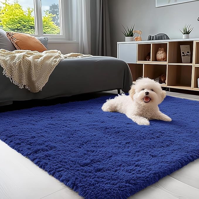 OLANLY 3x5 Machine Washable Small Bedside Rug, Soft Fluffy Shaggy Rugs for Living Room, Bedroom, Indoor Floor Carpet for Kids Girls and Boys, Preppy Dorms, Nursery, Home Decor Aesthetic, Navy Blue