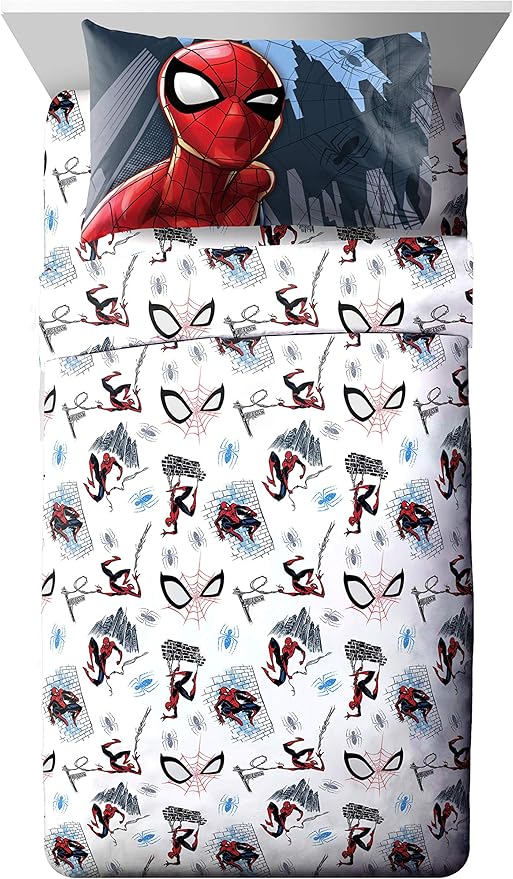 Jay Franco Kids Sheet Set with Fitted, Flat Sheets & Pillow Cover - Ultra-Soft Bedding with Pillowcase for Room Decor, White - Spiderman, 3 Piece Twin