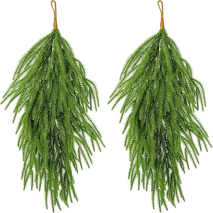 2 Pcs Artificial Christmas Teardrop Swag, 28" Faux Pine Needles Teardrop Door Swag, Christmas Norfolk Greenery Teardrop Wreath for Xmas Holiday Door Table Mantle Fireplace Indoor Outdoor Decor