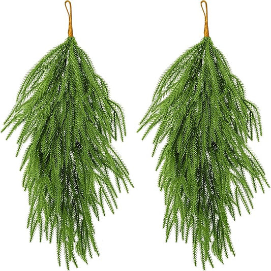 2 Pcs Artificial Christmas Teardrop Swag, 28" Faux Pine Needles Teardrop Door Swag, Christmas Norfolk Greenery Teardrop Wreath for Xmas Holiday Door Table Mantle Fireplace Indoor Outdoor Decor