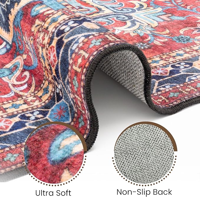 Washable Entryway Rug 3x5 | Non Slip Rug Runners for Hallways, Entryways, Kitchens, Bathrooms, Bedrooms | Ultra-Soft Flannel Carpet Kitchen Rug with Rubber Backing (Navy Red, 3x5)