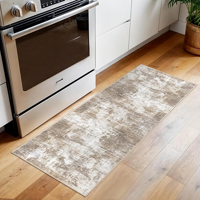 IOHOUZE Abstract Runner Rug 2x5 Ft Washable Runners for Hallways, Non Slip Kitchen Runner Printed Faux Wool Entryway Runner Indoor, Modern Abstract Floor Carpet for Hall Kitchen Bedroom, Beige Brown