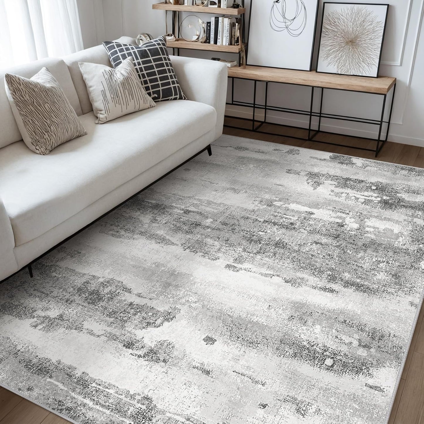 Area Rugs 8x10 for Living Room Bedroom Machine Washable Large Gray Area Rug Abstract Soft Throw Rug, Indoor Floor Cover, Lightweight Non Slip Backing Thin Rug