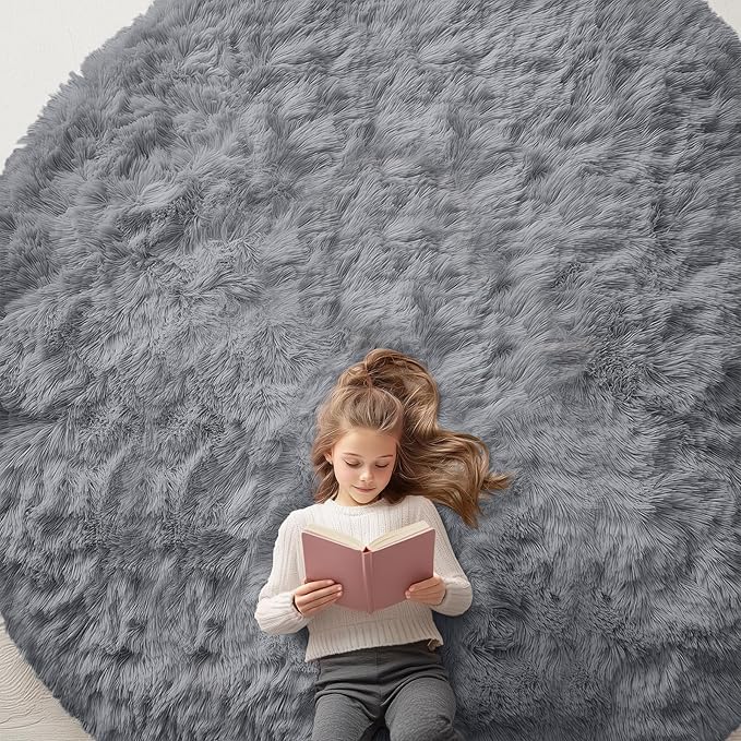 OLANLY Light Grey Round Rugs for Bedroom - Machine Washable, 9 ft Circle Area Rugs for Living Room, Soft and Fluffy Shaggy Carpet for Teen Girls and Boys, Nursery Rooms, Dorms, Home Decor Aesthetic