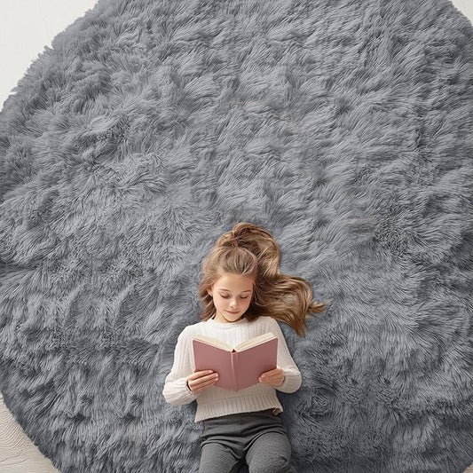OLANLY Light Grey Round Rugs for Bedroom - Machine Washable, 9 ft Circle Area Rugs for Living Room, Soft and Fluffy Shaggy Carpet for Teen Girls and Boys, Nursery Rooms, Dorms, Home Decor Aesthetic