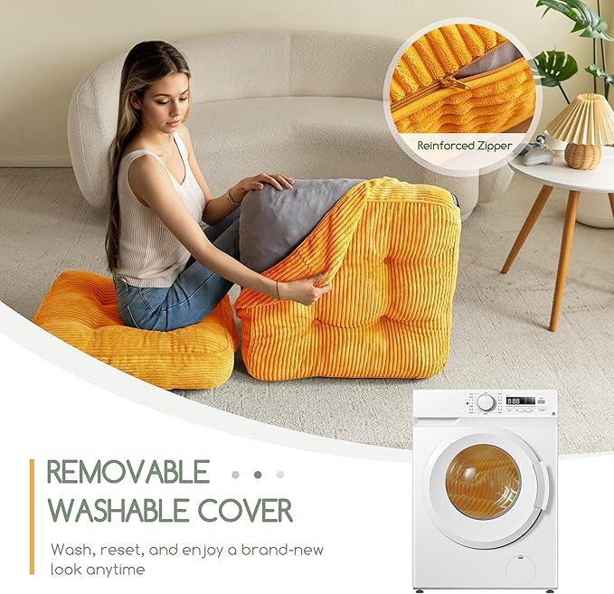 HIGOGOGO Washable Floor Pillow Cushion for Adults, Meditation Cushion Pillow, Large Square Floor Sitting, Removable Tufted Corduroy Cover, for Tatami Living Room or Yoga, 22x22 Inch, Machine Washable