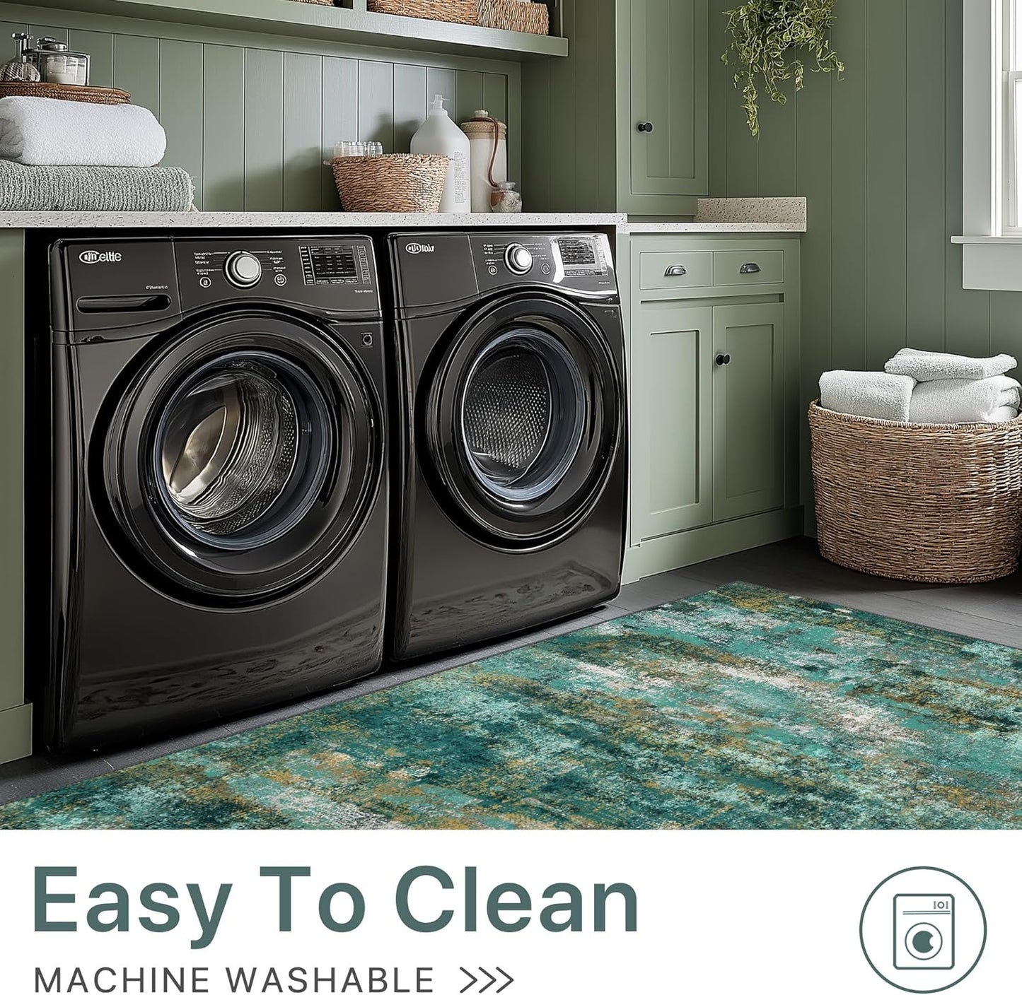 Runner Rug for Hallway Kitchen, 2x10 Machine Washable Runners Rug for Entryway, Soft Modern Abstract Throw Rugs, Low Pile Floor Cover with Non Slip Backing, Turquoise