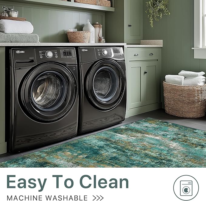 Runner Rug for Hallway Kitchen, 2x10 Machine Washable Runners Rug for Entryway, Soft Modern Abstract Throw Rugs, Low Pile Floor Cover with Non Slip Backing, Turquoise