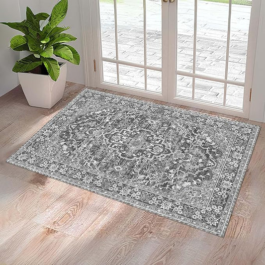 Washable Entryway Rug 3x5 | Non Slip Rug Runners for Hallways, Entryways, Kitchens, Bathrooms, Bedrooms | Ultra-Soft Flannel Carpet Kitchen Rug with Rubber Backing (Dark Grey, 3x5)