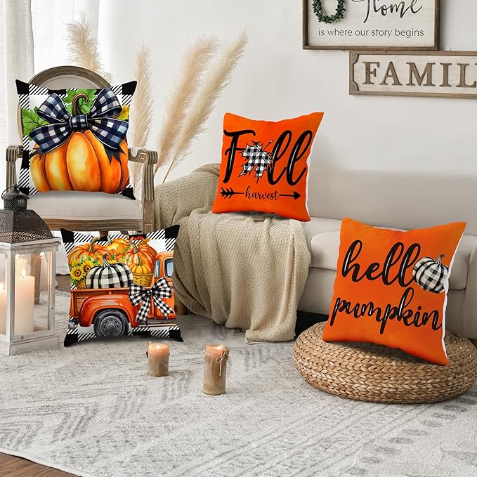 JioJio Chan Fall Decorative Pillow Covers 18x18 - Set of 4 Pumpkin Autumn Throw Plaid Decorations Pillow Covers for Couch Sofa, Fall Thanksgiving Decor for Home Bedroom Living Room Outdoor