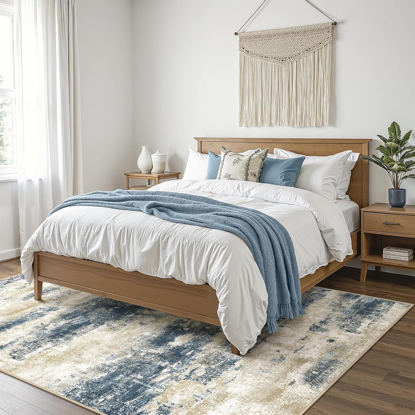 Area Rugs 10x14 for Living Room Bedroom, Modern Abstract Machine Washable Rug, Large Soft Low Pile Floor Cover with Non Slip Backing for Dining Room, Blue Beige