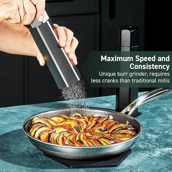 HexClad Salt and Pepper Mill Set with Adjustable Professional Grinders and No-Mess Caps