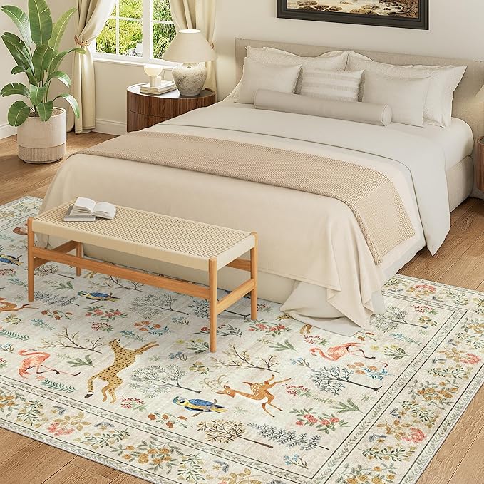 DUKINO 5x7 Rug, Washable Animal Living Room Rug with Non Slip Vintage Design, Soft Low Pile Large Carpet for Bedroom, Nursery, Dining Room, Farmhouse, Playroom, White