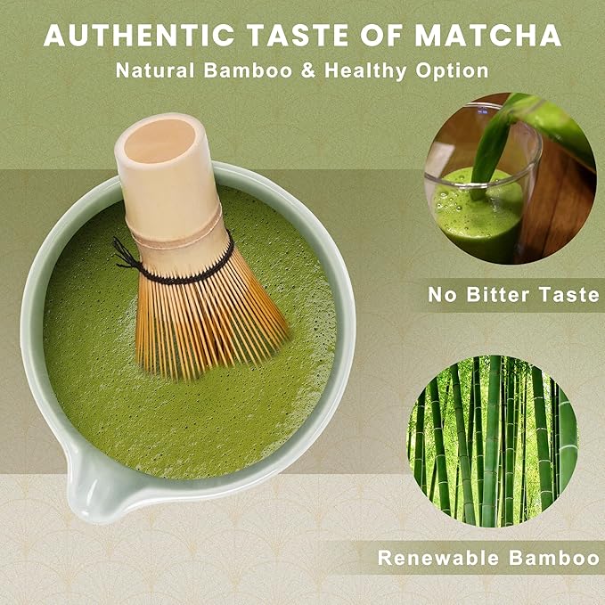 Matcha Set Matcha Bowl with Spout,Matcha Whisk and Matcha Whisk Holder,Bamboo Matcha Spoon and Scoop Handmade with Matcha Sifter for Matcha Maker Green, Normal, ZYMC6Pcs01-Green