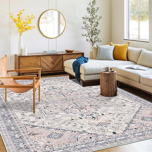 Washable Area Rug 4x6 | Non Slip Area Rug for Living Room, Bedrooms, Dining Room | Ultra-Soft Flannel Carpet Area with Rubber Backing (Beige Blue, 4x6)