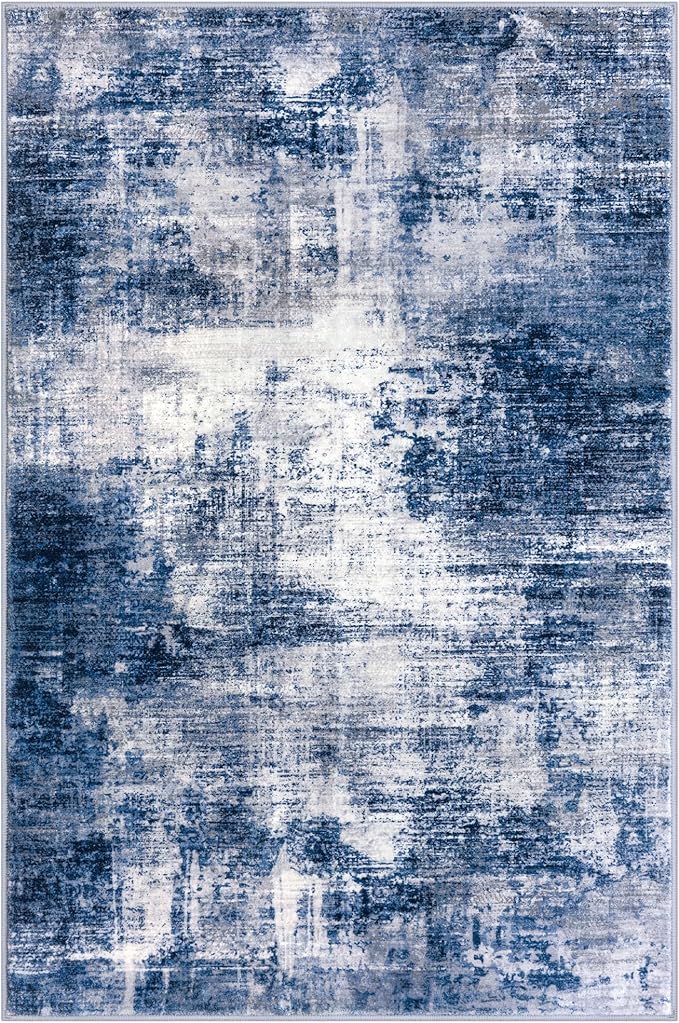 IOHOUZE Small Abstract Area Rug 2x3 Ft Entryway Rugs Washable Door Mat Indoor Entrance, Rubber Backed Throw Rugs, Printed Faux Wool Non Slip Floor Carpet for Foyer Front Door Sink, Navy/Grey