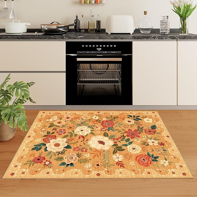 DUKINO 3x5 Area Rug, Floral Rugs for Living Room, Lightweight Non Slip Washable Rug, Indoor Low Pile & Non-Shedding Boho Design Rugs for Bedroom, Living Room, Dining Room, Orange