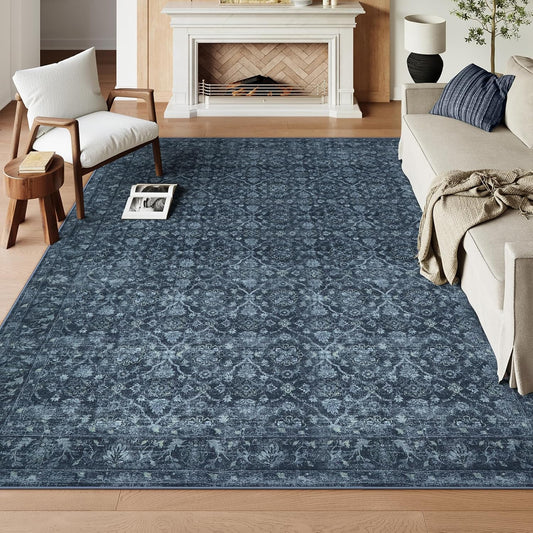 Vintage Blue Rugs for Living Room, Ultra-Thin Washable Rugs 8x10 Area Rugs for Bedroom Non Slip, Stain Resistant Vintage Carpet Rug for Dining Room High Traffic Area (8'x10', Blue)