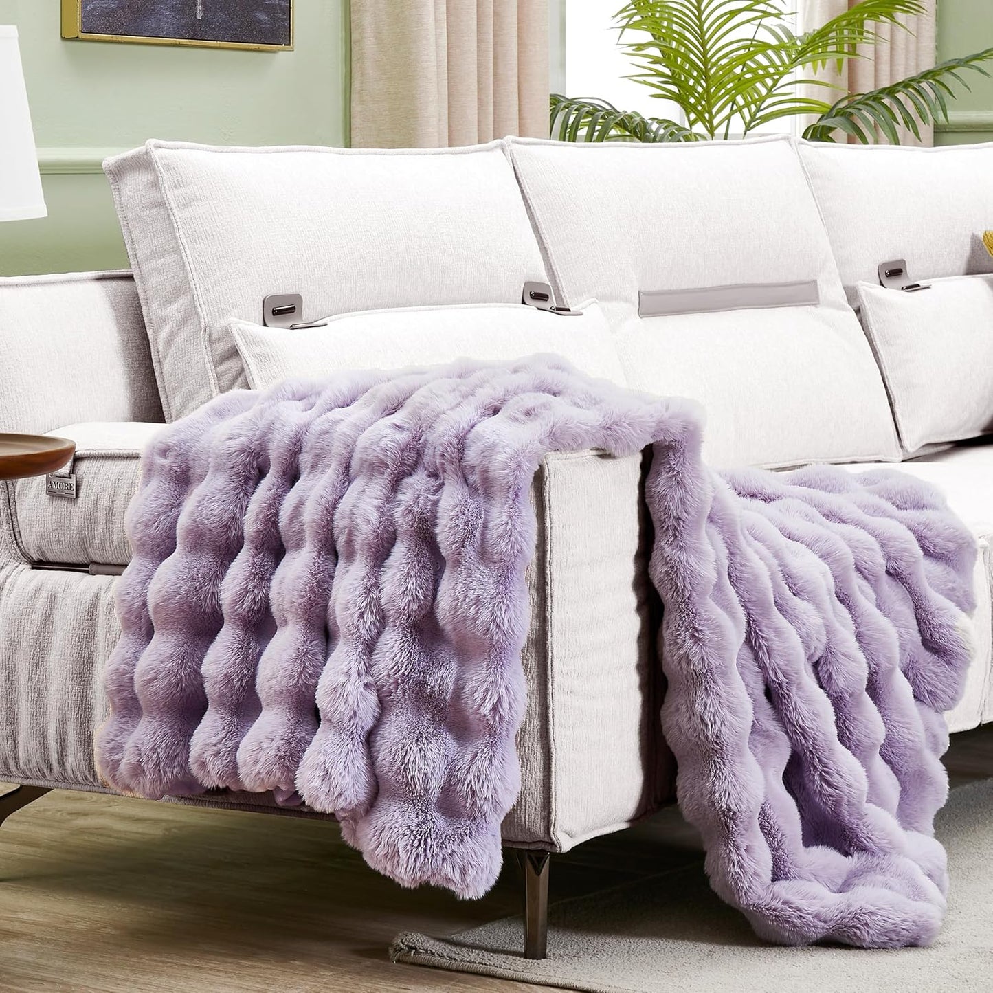 JONIYEAR Extra Large Soft Fuzzy Bubble Faux Rabbit Fur Bed Blanket Full Size 70" x 80",Double Sided Aesthetic Warm Fluffy Blanket for Winter,Luxury Cozy Puffy Shaggy Plush Furry Blankets, Lilac Purple
