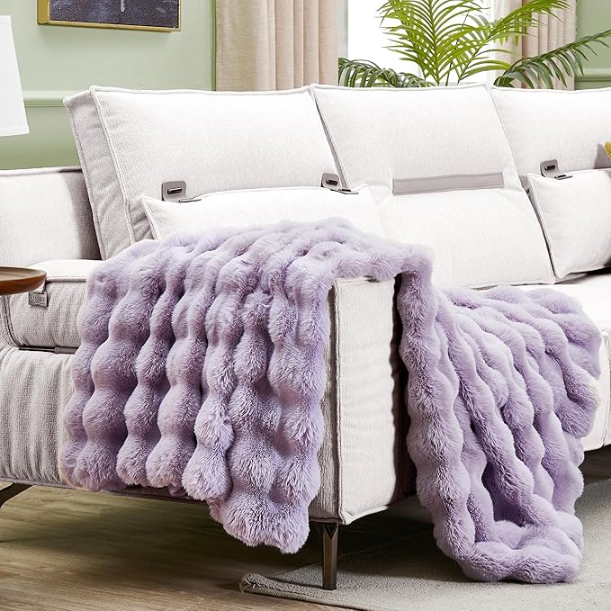 JONIYEAR Soft Fuzzy Bubble Faux Rabbit Fur Throw Blanket 50" x 60", Double Sided Aesthetic Warm Fluffy Blanket for Winter,Luxury Cozy Puffy Shaggy Plush Furry Blankets for Couch Sofa Bed, Lilac Purple
