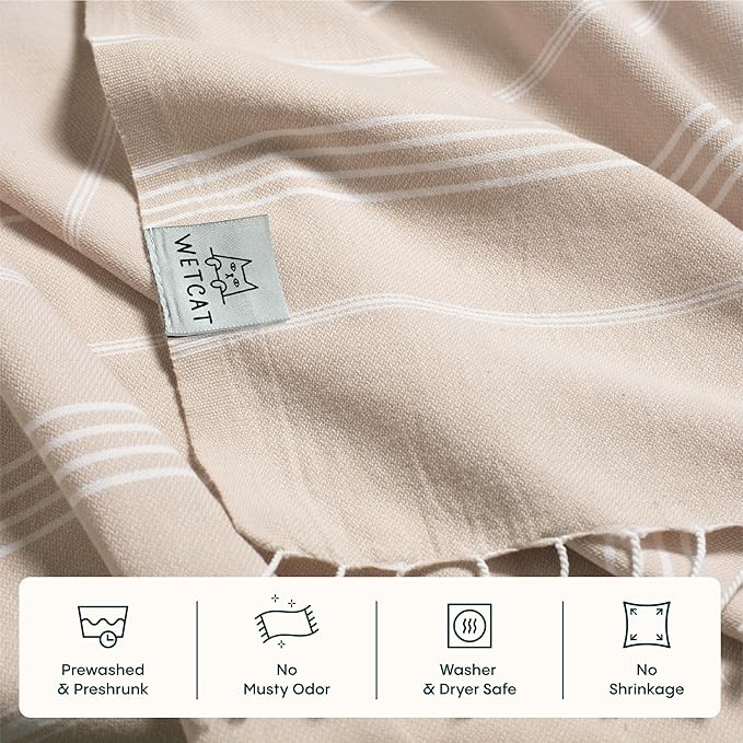 WETCAT Turkish Beach Towel Oversized (38"x71") 100% Turkish Cotton, Made in Turkey - Sand Free, Extra Large, Ultra Soft, Quick Drying, Compact & Lightweight for Travel - Beige