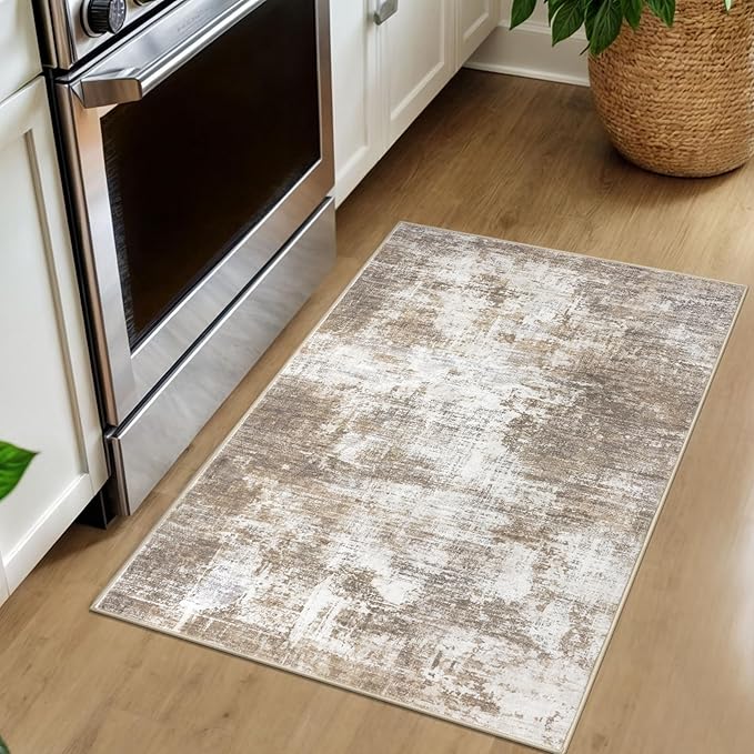IOHOUZE Small Abstract Area Rug 2x3 Ft Entryway Rugs Washable Door Mat Indoor Entrance, Rubber Backed Throw Rugs, Printed Faux Wool Non Slip Floor Carpet for Foyer Front Door Sink, Beige Brown