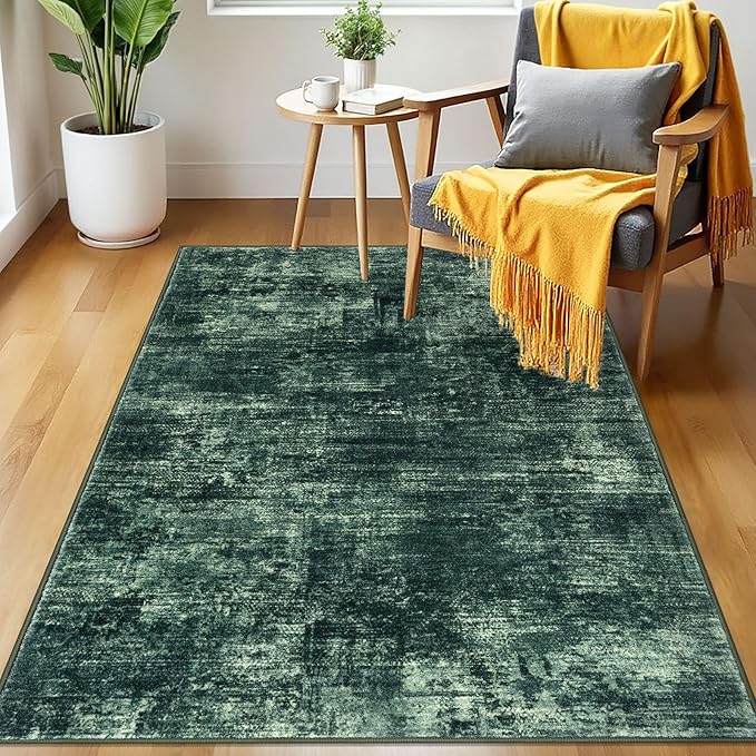 IOHOUZE Abstract Area Rug 3x5 Ft Washable Rugs for Entryway Indoor, Non Slip Kitchen Rug Printed Faux Wool Throw Rugs, Indoor Door Mat for Door Entrance Foyer Living Room, Dark Green