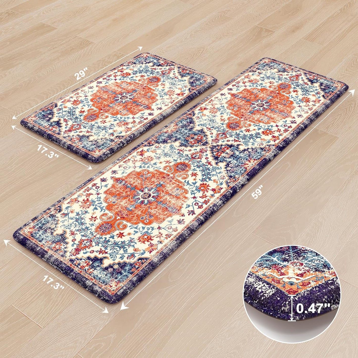 KIMODE Anti Fatigue Kitchen Mat, Boho Distressed Kitchen Rugs Sets of 2, Kitchen Floor Mats Non Slip Cushioned, Waterproof Standing Mat for Laundry, Office, Sink, Desk, Orange/Purple