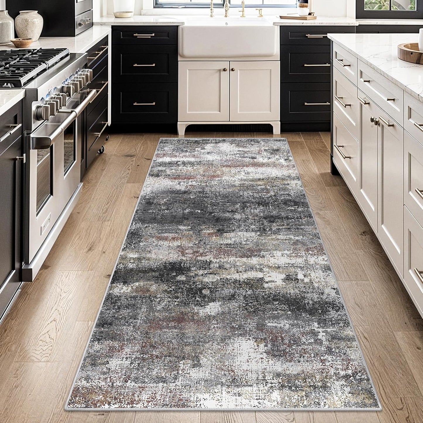 Runner Rug for Hallway Kitchen, 3x8 Machine Washable Runners Rug for Entryway, Soft Modern Abstract Throw Rugs, Low Pile Floor Cover with Non Slip Backing, Dark Gray