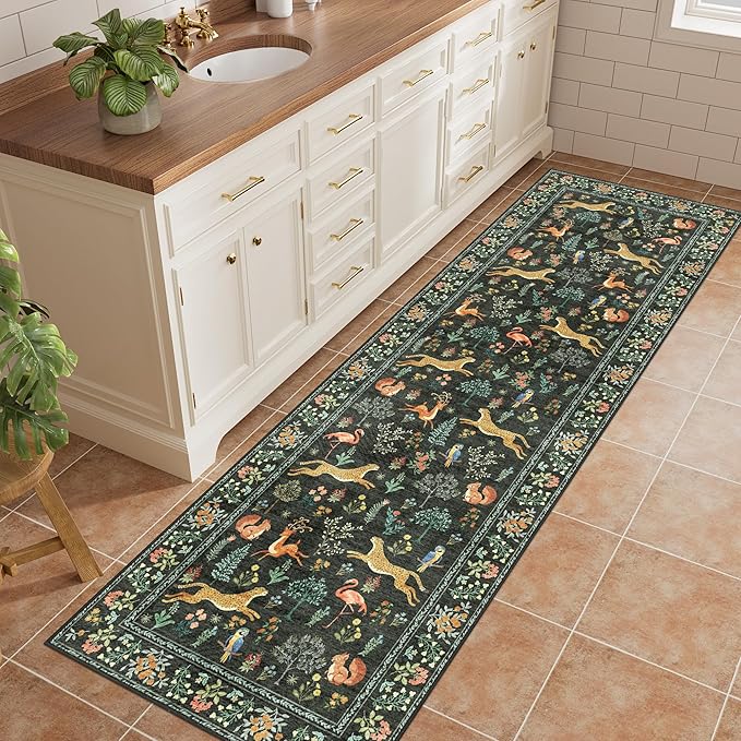 DUKINO 2x10 Rug for Hallway, Washable Kitchen Runner Rug with Non Slip Backing, Soft Low Pile Vintage Animal Runner for Bedroom, Kitchen, Hallway, Entryway, Laundry, Black