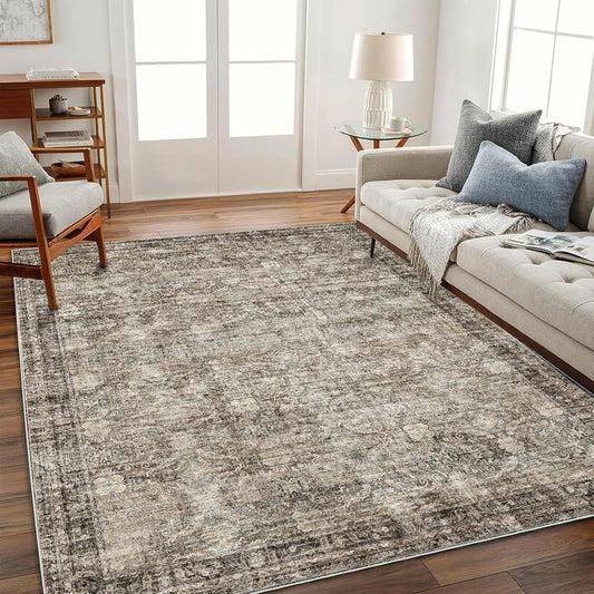 Washable Area Rug 4'x6' Vintage Traditional Floor Cover Foldable Thin Rugs Retro Kitchen Indoor Distressed Non Slip Carpet Floral Print Mat Bedroom Living Room