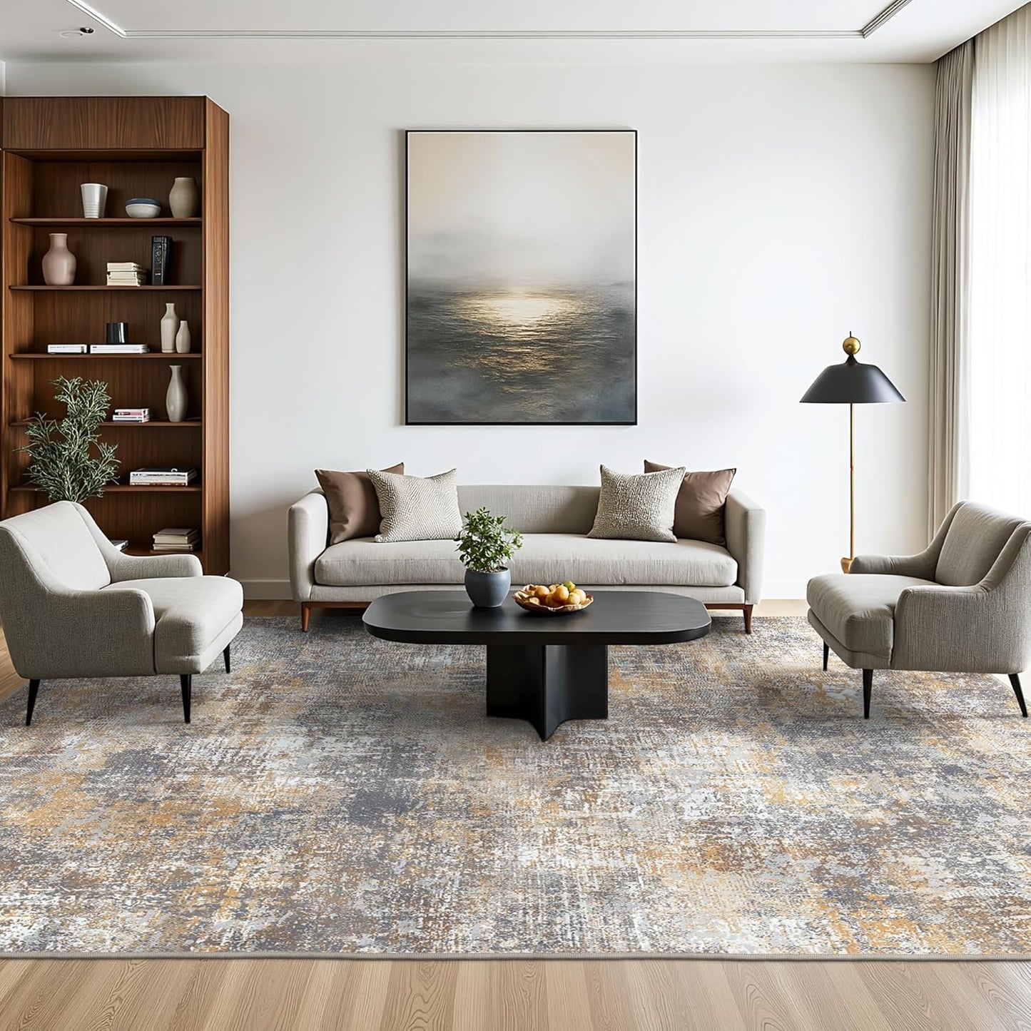 Area Rugs 9x12 for Living Room Bedroom, Modern Abstract Machine Washable Rug, Large Soft Low Pile Floor Cover with Non Slip Backing for Dining Room, Warm Beige Mist