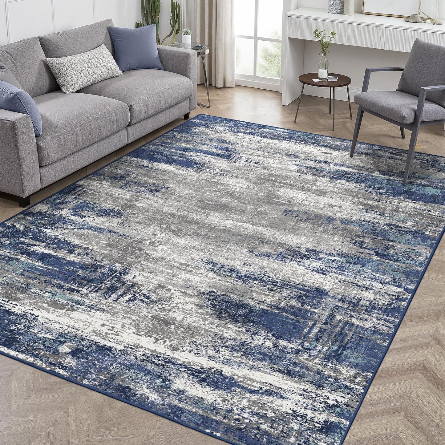 Area Rugs 9x12 for Living Room Bedroom, Modern Abstract Machine Washable Rug, Large Soft Low Pile Floor Cover with Non Slip Backing for Dining Room, Navy Blue Gray