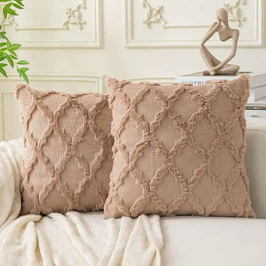Set of 2 Soft Moroccan Throw Pillow Covers 22x22 Inch Plush Boho Decorative Pillow Cover Accent Cushion Case for Couch Sofa Bed, Light Brown
