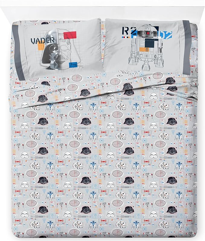 Jay Franco Kids Sheet Set with Fitted, Flat Sheets & Pillow Cover - Ultra-Soft Bedding with Pillowcase for Room Decor, Gray - Star Wars, 4 Piece Queen