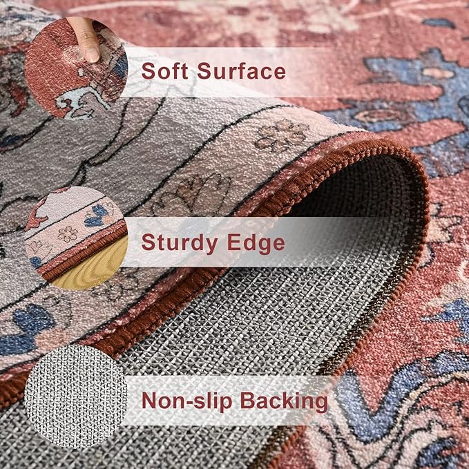 Vasofe 5x7 Rug for Bedroom, Washable Living Room Rugs for Dining Room, Red Indoor Floor Mat, Vintage Floral Mats for Home Decor, Farmhouse, Laundry Room, Non Slip Low Pile Soft Modern Carpet
