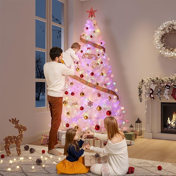 GarveeHome White Christmas Tree, 6ft Prelit Artificial Christmas Tree with LED Warm White Lights & Metal Stand, Fake Xmas Pine Holiday Decoration for Home, Office, Party