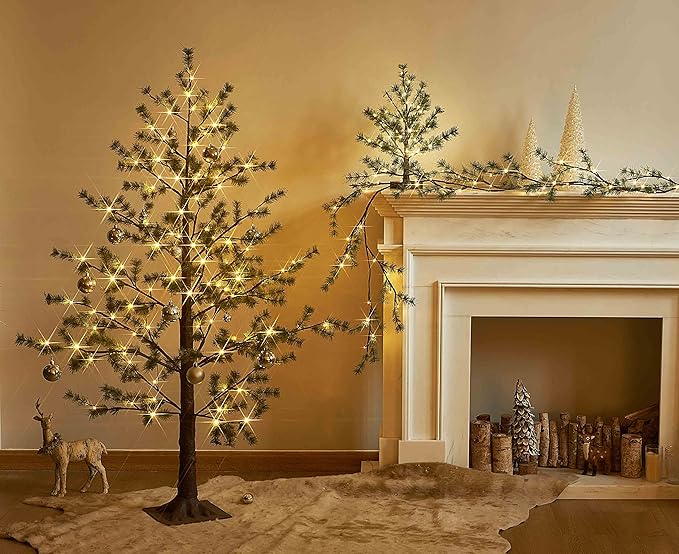 LITBLOOM Lighted Christmas Pine Garland Battery Operated with Timer 6FT 48 Warm White LED Lights for Fireplace Mantle Christmas Holiday Decoration Indoor Outdoor