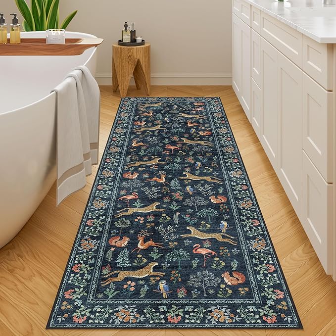 DUKINO 2.6x8 Rug for Hallway, Washable Kitchen Runner Rug with Non Slip Backing, Soft Low Pile Vintage Animal Runner for Bedroom, Kitchen, Hallway, Entryway, Laundry, Navy Blue