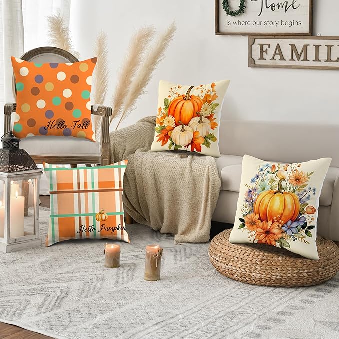 JioJio Chan Fall Pillow Covers 18x18 - Autumn Thanksgiving Pumpkin Throw Pillow Covers for Sofa Couch Set of 4, Hello Pumpkin Hello Fall Decoration for Home Bedroom Living Room Decor Outdoor Indoor