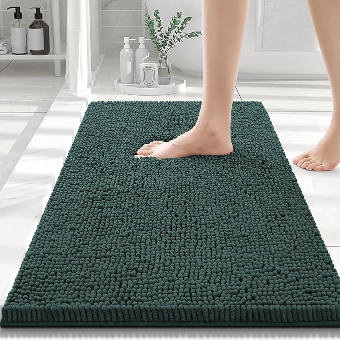 Smiry Luxury Chenille Bathroom Rugs 30x20, Extra Soft and Absorbent Shaggy Bath Mat, Machine Washable, Non-Slip Plush Carpet Runner for Tub, Shower, and Floor, Home Decor Accessories, Green