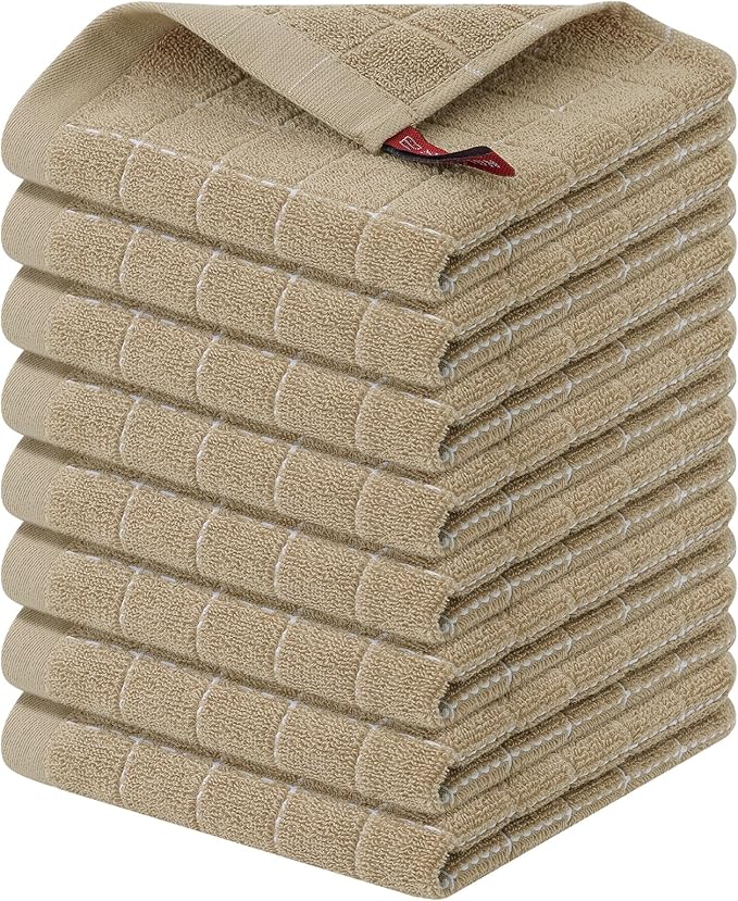 Homaxy 100% Cotton Terry Kitchen Dish Cloths, Ultra Soft and Absorbent Dish Towels for Kitchen, Perfect for Drying and Washing Dishes, 8 Pack, 12 x 12 Inches, Tan