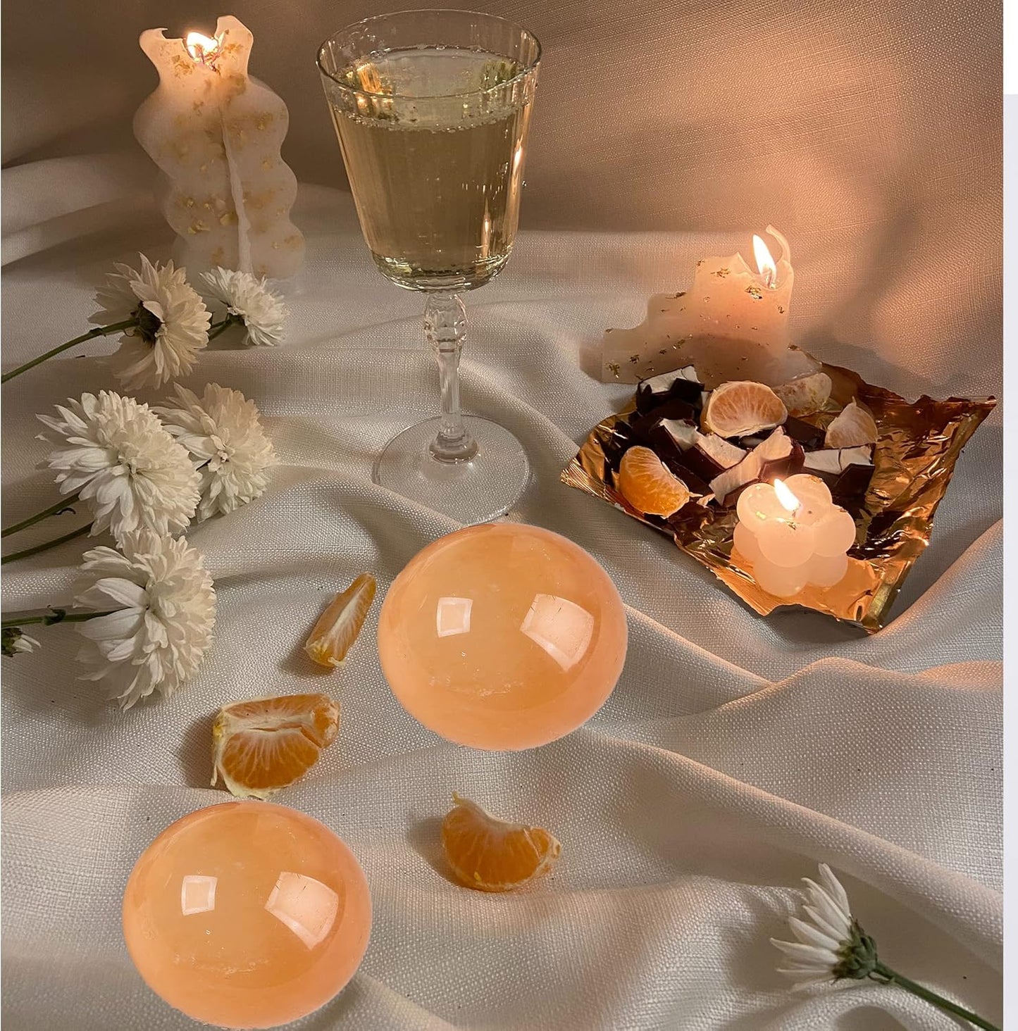 JIC Gem 2inch Natural Orange Calcite Healing Quartz Crystal Sphere Gemstone Ball with Wood Stand for Fengshui Healing and Decoration