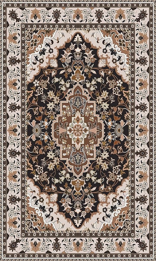 Washable Entryway Rug 3x5 | Non Slip Rug Runners for Hallways, Entryways, Kitchens, Bathrooms, Bedrooms | Ultra-Soft Flannel Carpet Kitchen Rug with Rubber Backing (Cream Black Brown, 3x5)