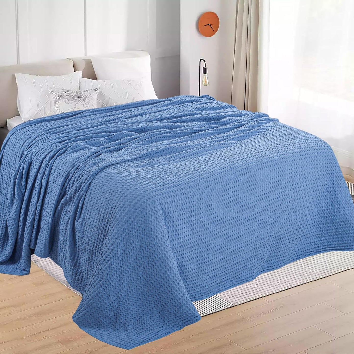 HILLFAIR 100% Cotton Blanket- 120"x120" XXL Oversized King Bed Blankets- Family Size 10 ft x 10 ft Big- Waffle Blankets- All Season Soft Breathable- Extra Large King Cotton Blanket for Bed- Sky Blue