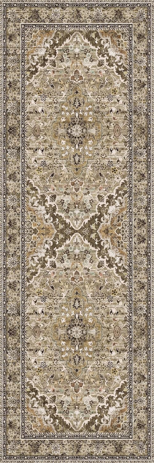 Washable Runner Rug 2x6 | Non Slip Rug Runners for Hallways, Entryways, Kitchens, Bathrooms, Bedrooms | Ultra-Soft Flannel Carpet Runners with Rubber Backing (Sage Grey Brown, 2x6)