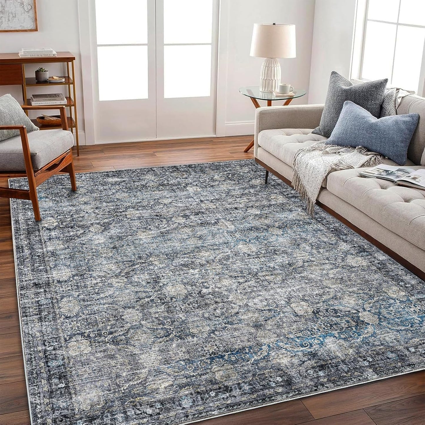 Area Rug 6'x9' Washable Vintage Traditional Floor Cover Thin Retro Kitchen Indoor Distressed Non Slip Carpet for Living Room Bedroom Dining Room